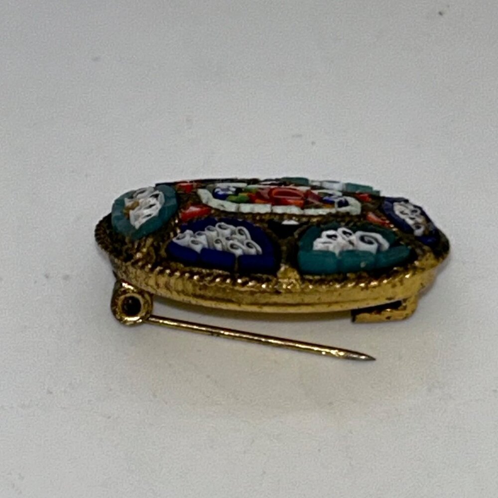 Vintage IMicro Mosaic Oval Brooch Floral Gold-Tone C-Clasp Made in Italy - Picture 4 of 16